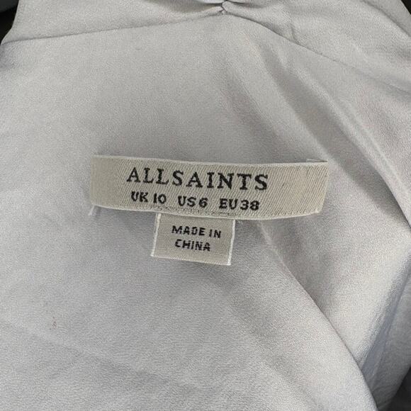 All Saints Grey Ruffle V-Neck Satin Wrap Dress Sz 6 - Picture 5 of 6